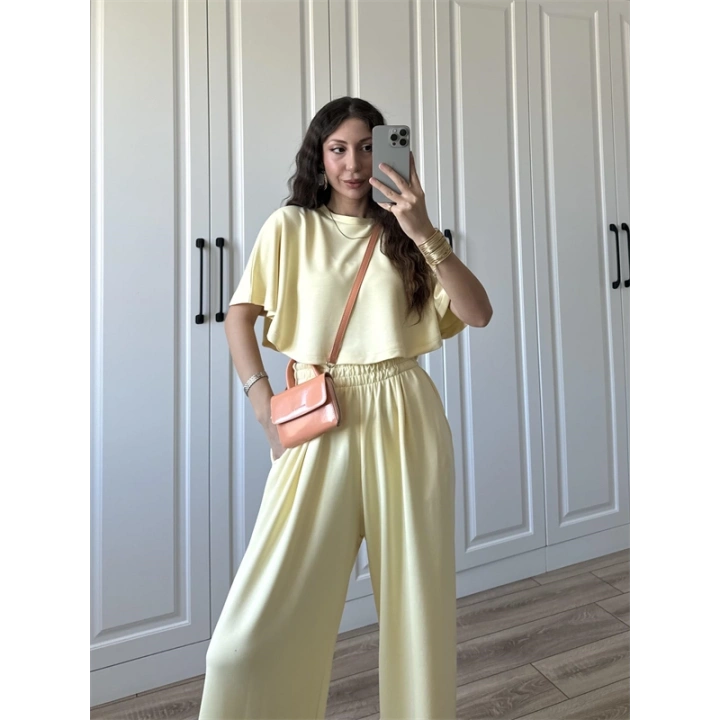 Oysh Modal Kumaş Beli Lastikli Sarı Crop Takım