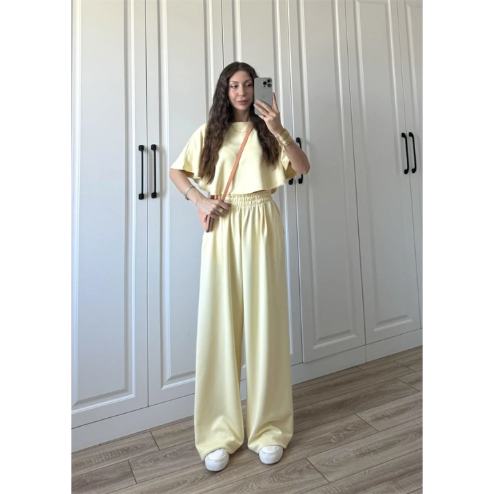 Oysh Modal Kumaş Beli Lastikli Sarı Crop Takım