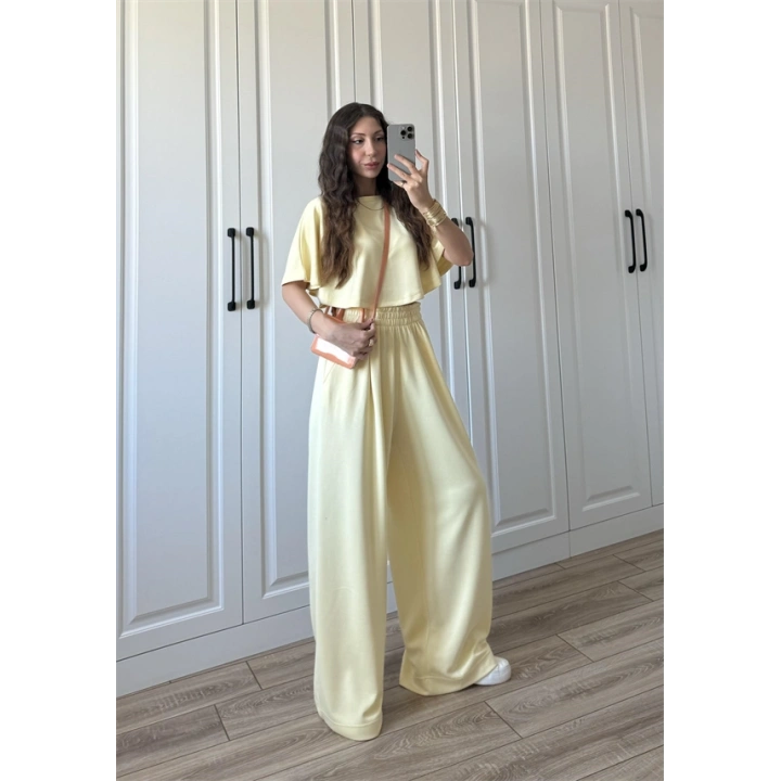Oysh Modal Kumaş Beli Lastikli Sarı Crop Takım