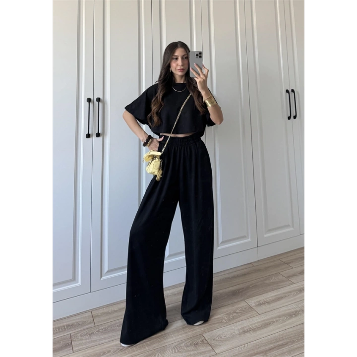 Oysh Modal Kumaş Beli Lastikli Siyah Crop Takım