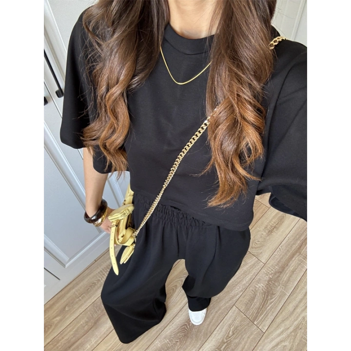 Oysh Modal Kumaş Beli Lastikli Siyah Crop Takım