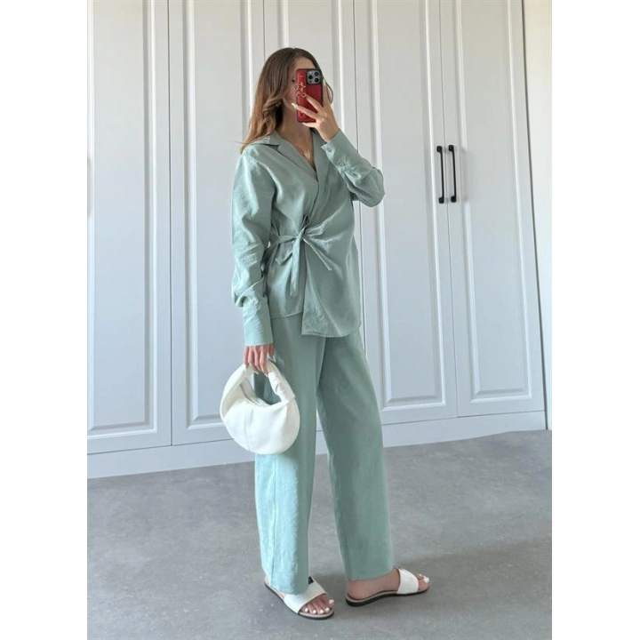 Parlak Kumaş Yandan Bağlamalı Mint Yeşili Takım