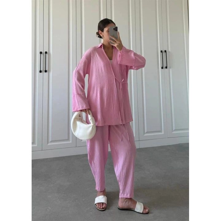 Pembe Gofre Bağlamalı Kimono Takım