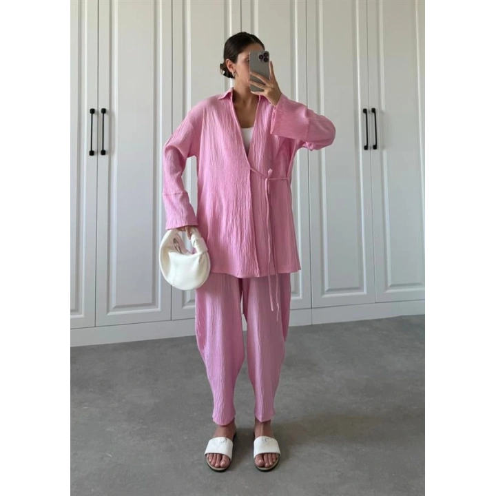 Pembe Gofre Bağlamalı Kimono Takım