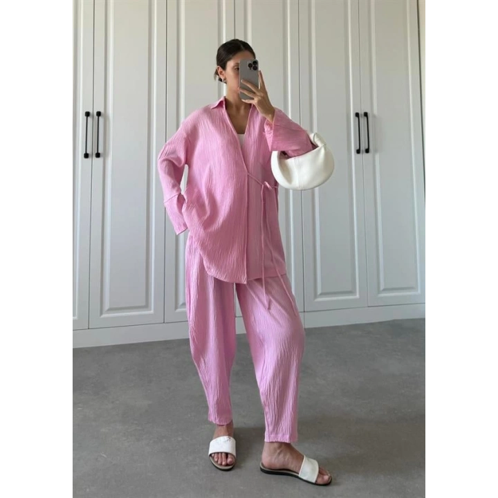 Pembe Gofre Bağlamalı Kimono Takım