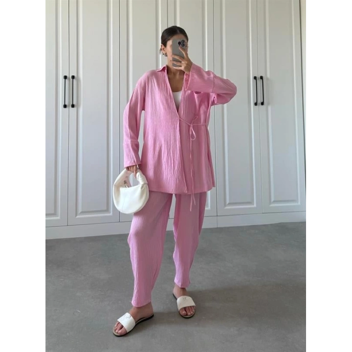 Pembe Gofre Bağlamalı Kimono Takım