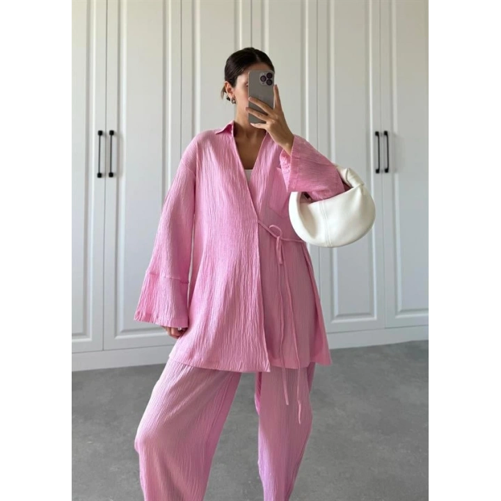 Pembe Gofre Bağlamalı Kimono Takım