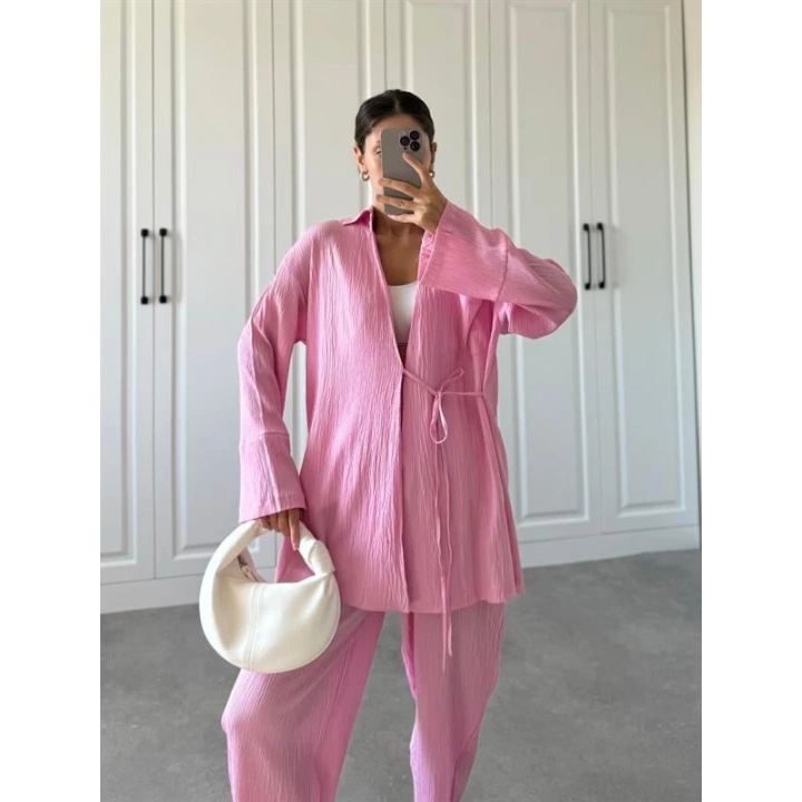 Pembe Gofre Bağlamalı Kimono Takım