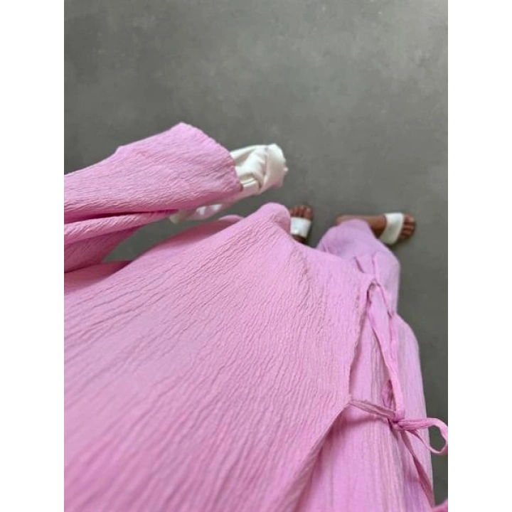 Pembe Gofre Bağlamalı Kimono Takım
