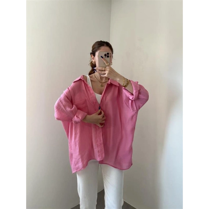Pembe Oversize Tensel Gömlek