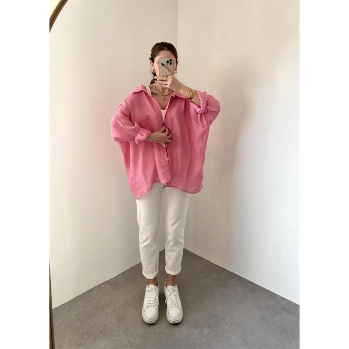 Pembe Oversize Tensel Gömlek
