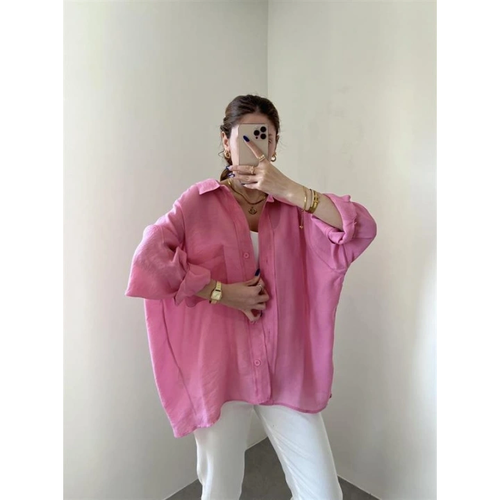 Pembe Oversize Tensel Gömlek
