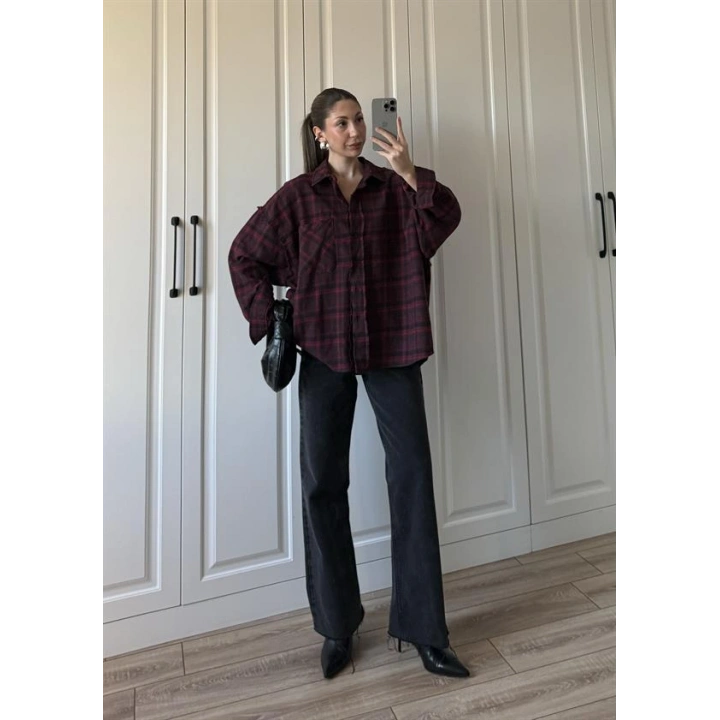 Pera Oversize Bordo Ekose Gömlek