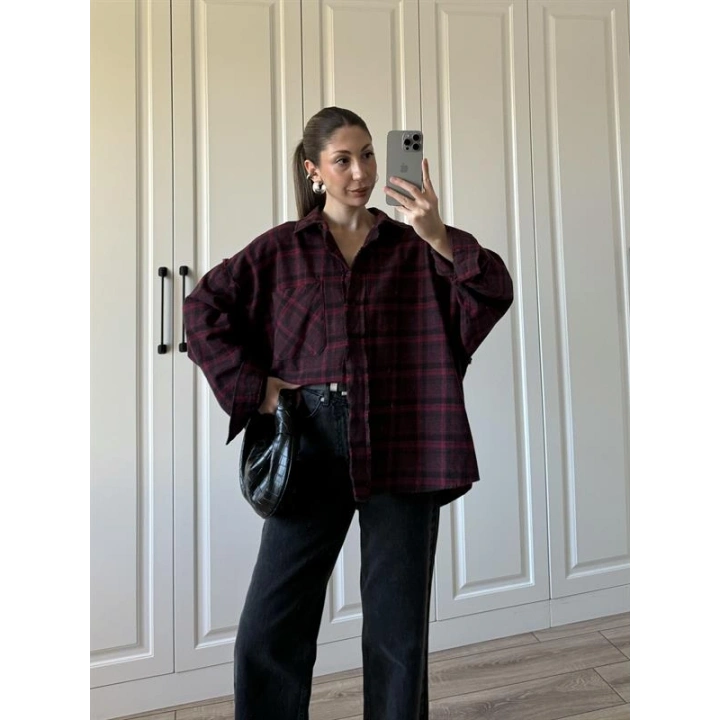 Pera Oversize Bordo Ekose Gömlek