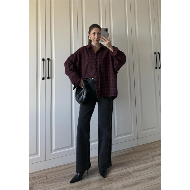 Pera Oversize Bordo Ekose Gömlek