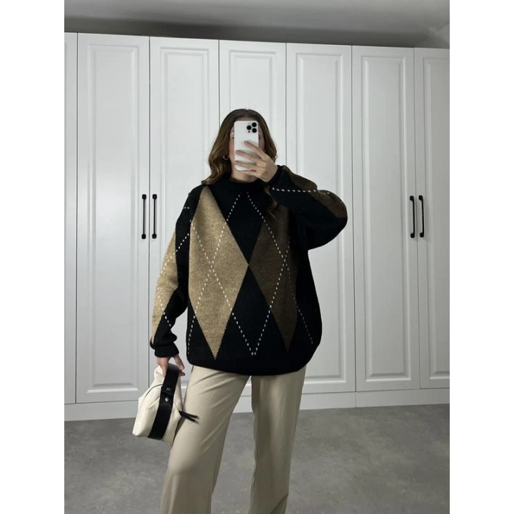 Pinterest Kahve Siyah Baklava Desenli Kazak