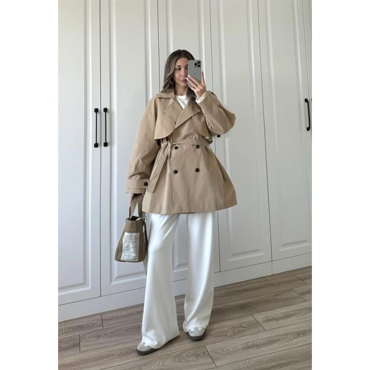 Poem Kuşaklı Astarlı Oversize Bej Trençkot