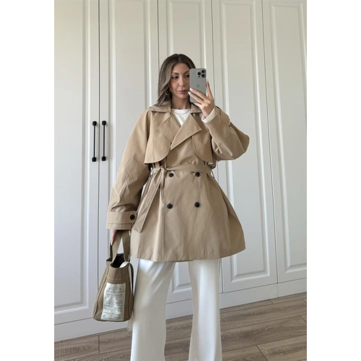 Poem Kuşaklı Astarlı Oversize Bej Trençkot