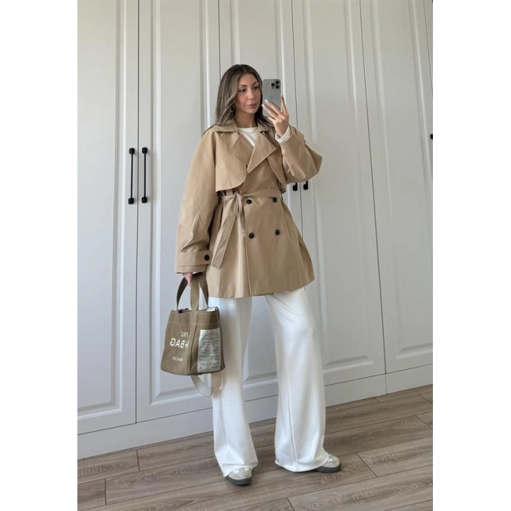 Poem Kuşaklı Astarlı Oversize Bej Trençkot