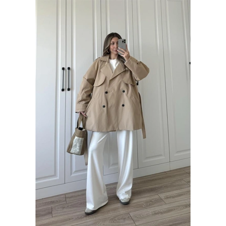 Poem Kuşaklı Astarlı Oversize Bej Trençkot