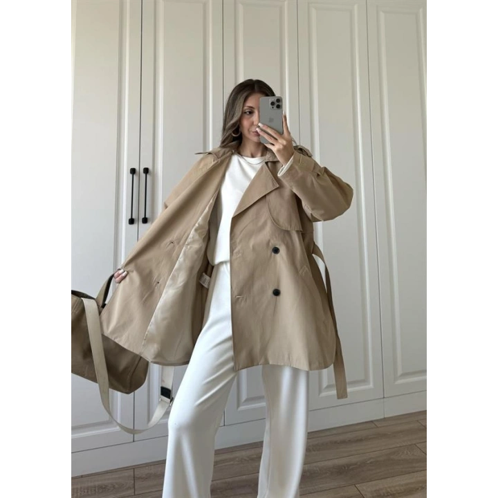Poem Kuşaklı Astarlı Oversize Bej Trençkot