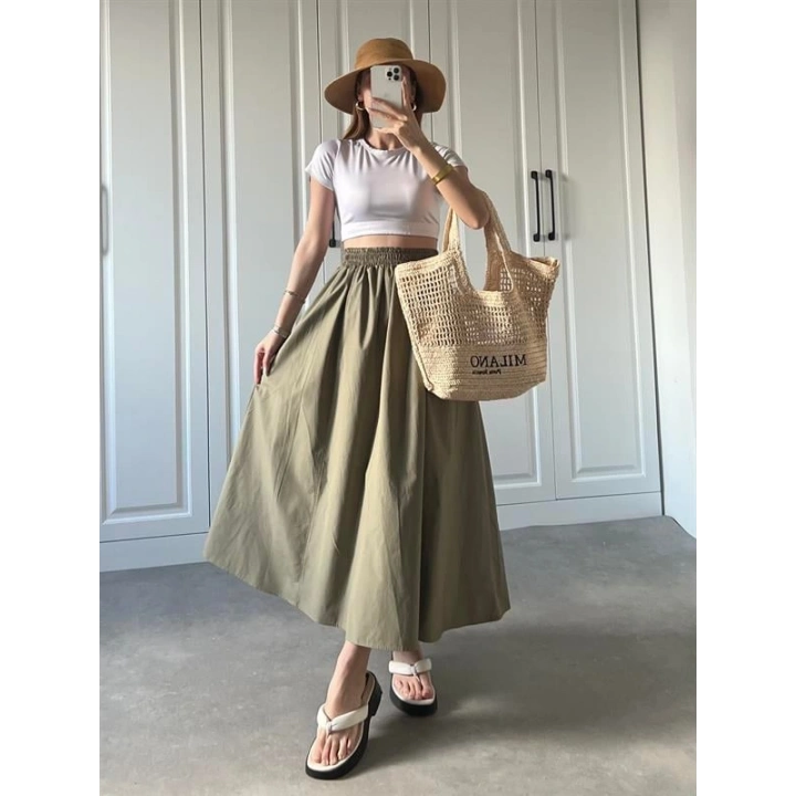 Poplin Kumaş Premium Haki Etek