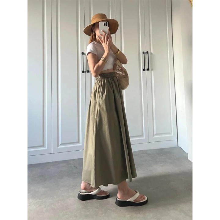 Poplin Kumaş Premium Haki Etek