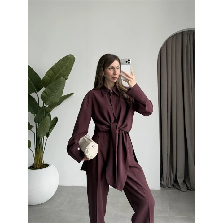 Premium Bağlamalı Mürdüm Bluz Takım