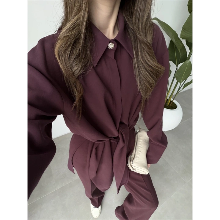 Premium Bağlamalı Mürdüm Bluz Takım