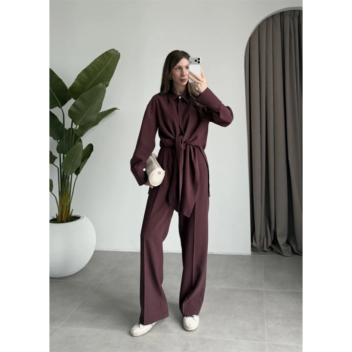 Premium Bağlamalı Mürdüm Bluz Takım