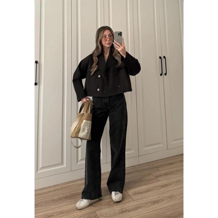 Riva Zr Model Kısa Siyah Trençkot