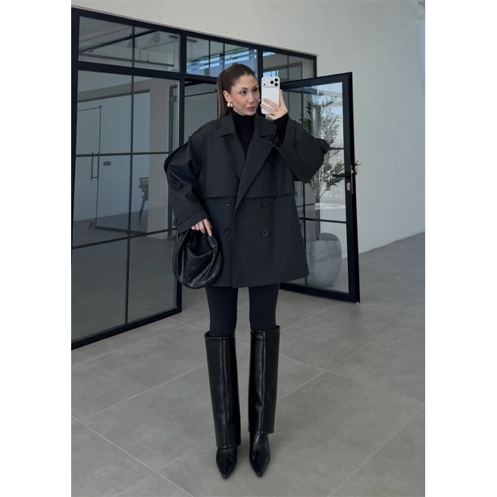 Rose Oversize Kuşaklı Antrasit Trençkot