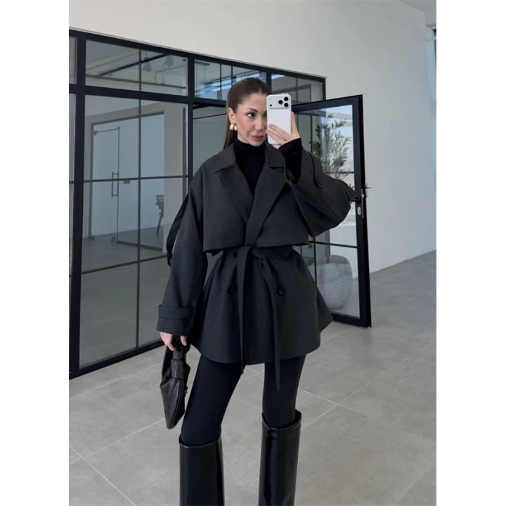 Rose Oversize Kuşaklı Antrasit Trençkot