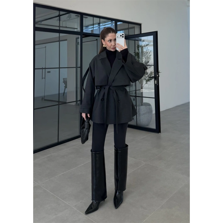 Rose Oversize Kuşaklı Antrasit Trençkot