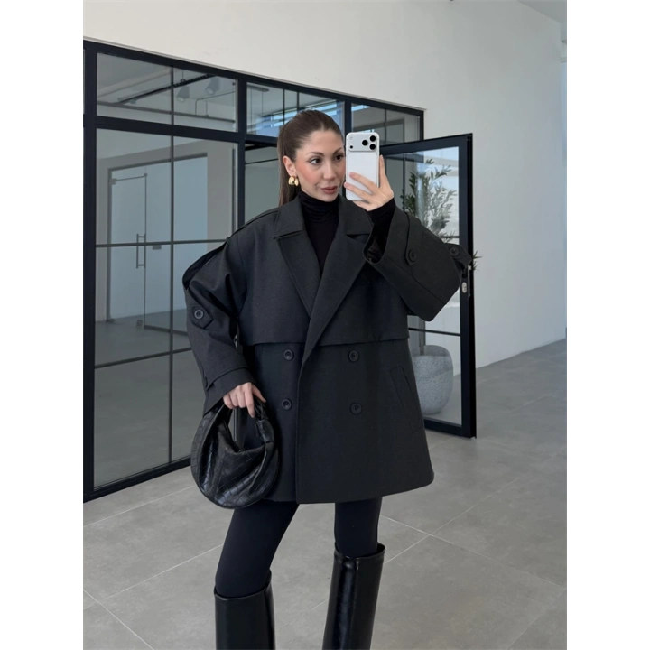 Rose Oversize Kuşaklı Antrasit Trençkot