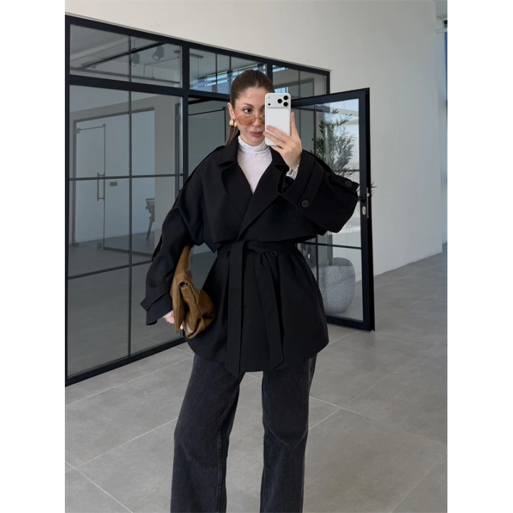 Rose Oversize Kuşaklı Siyah Trençkot