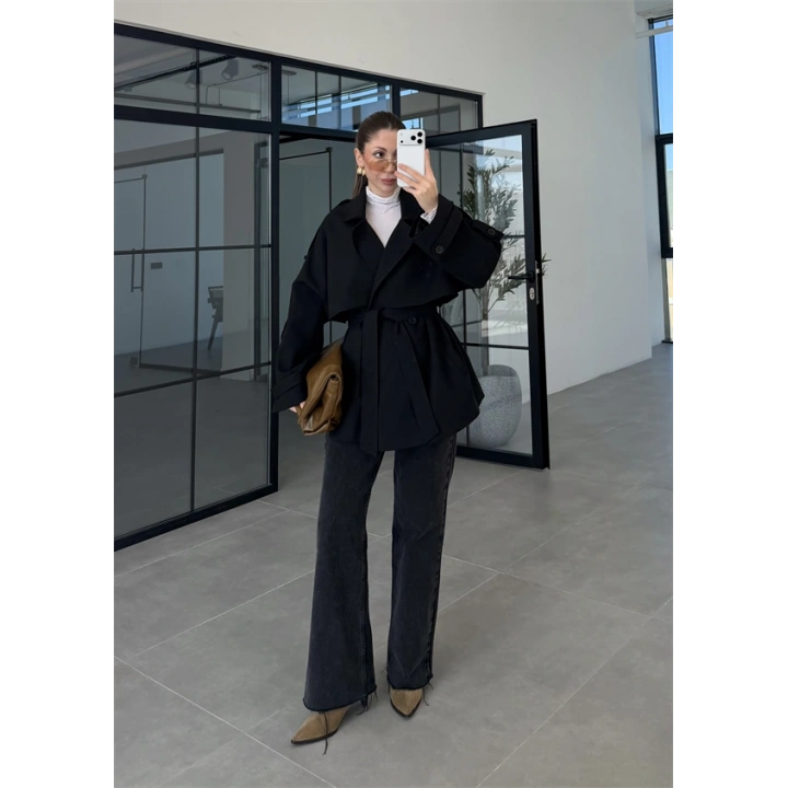 Rose Oversize Kuşaklı Siyah Trençkot