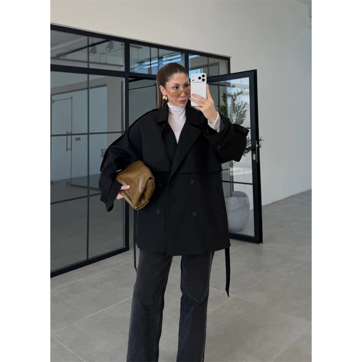 Rose Oversize Kuşaklı Siyah Trençkot