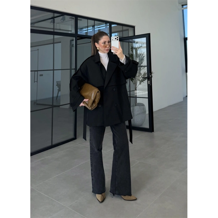 Rose Oversize Kuşaklı Siyah Trençkot
