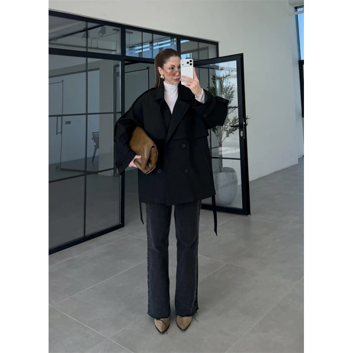 Rose Oversize Kuşaklı Siyah Trençkot