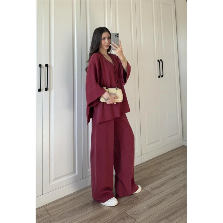 Safir Tek Düğmeli Tensel Oversize Bordo Takım