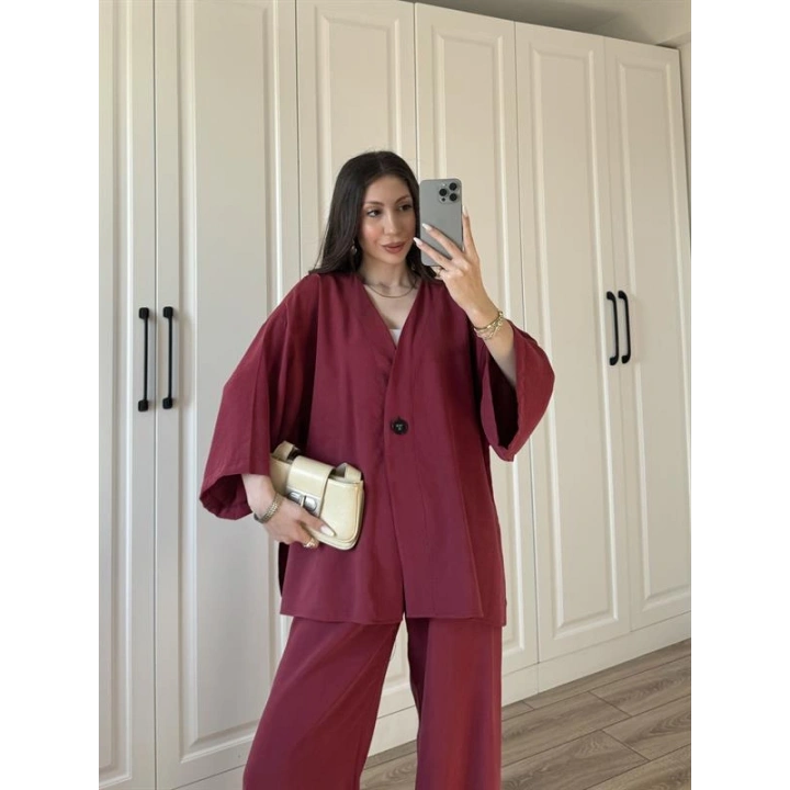 Safir Tek Düğmeli Tensel Oversize Bordo Takım