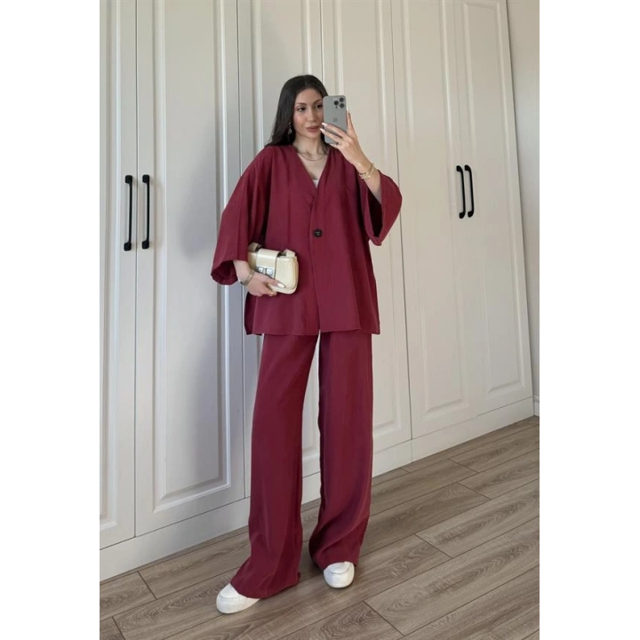 Safir Tek Düğmeli Tensel Oversize Bordo Takım