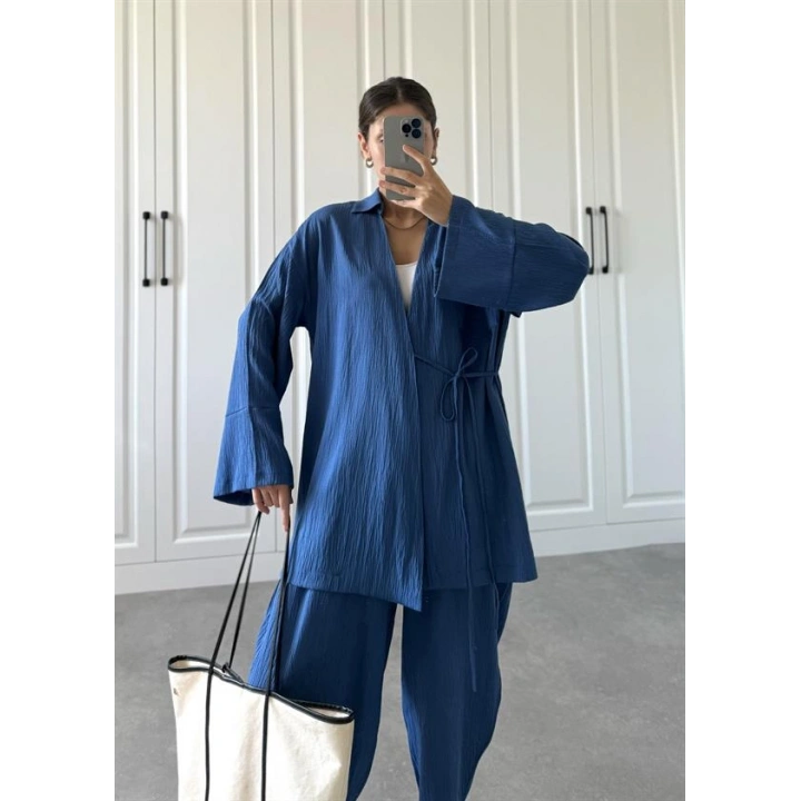 Saks Mavi Gofre Bağlamalı Kimono Takım