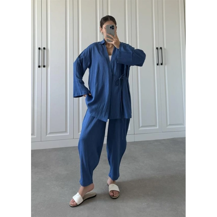 Saks Mavi Gofre Bağlamalı Kimono Takım