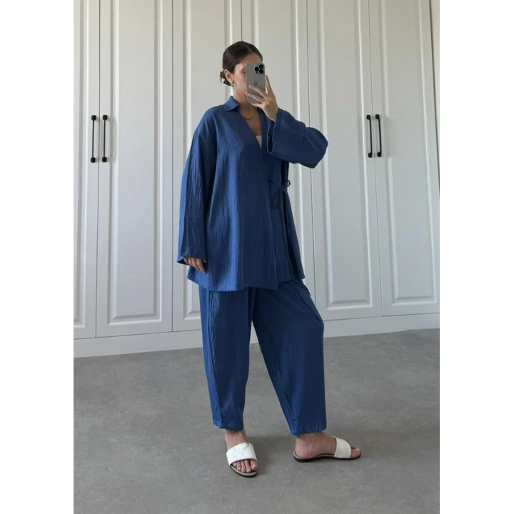 Saks Mavi Gofre Bağlamalı Kimono Takım