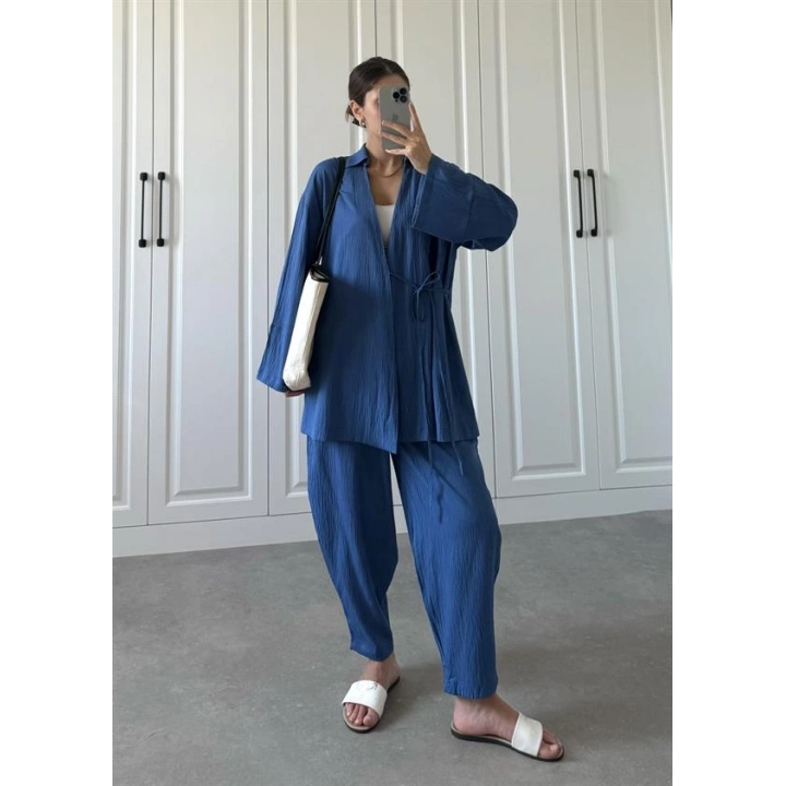 Saks Mavi Gofre Bağlamalı Kimono Takım