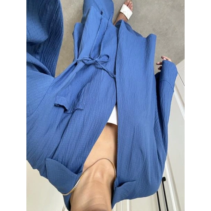 Saks Mavi Gofre Bağlamalı Kimono Takım