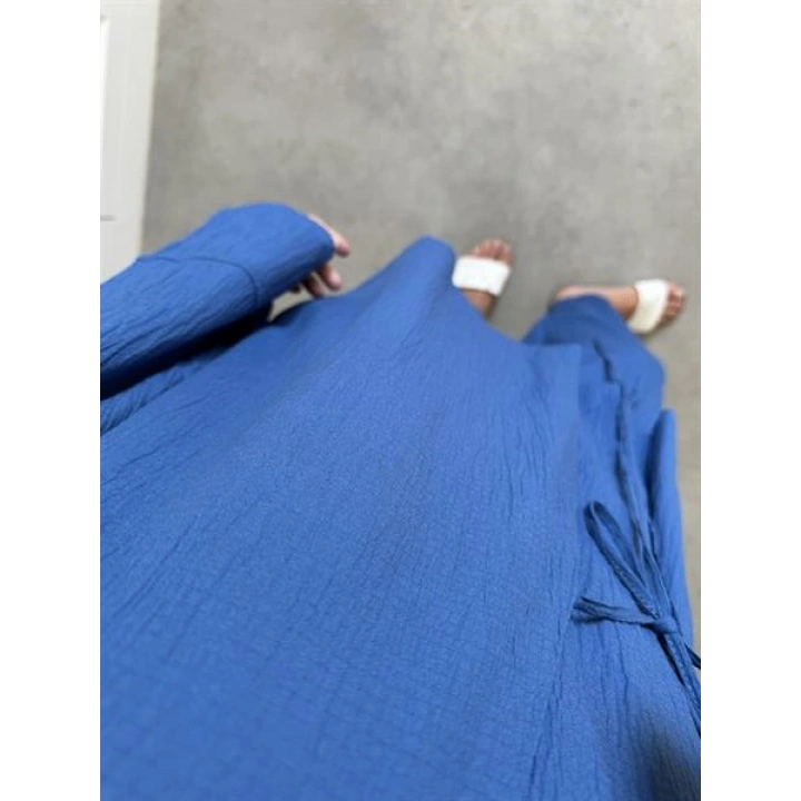 Saks Mavi Gofre Bağlamalı Kimono Takım