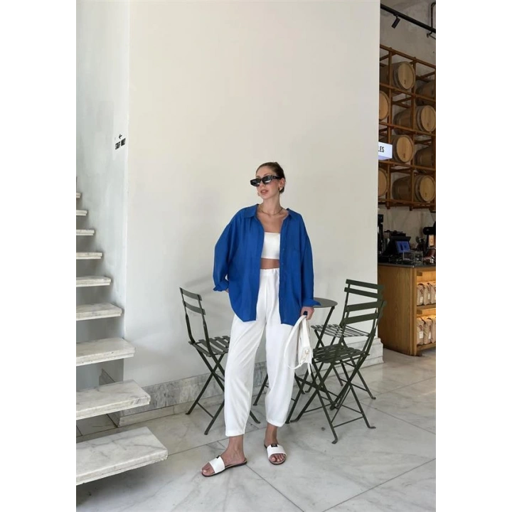 Saks Mavi Oversize Tensel Gömlek